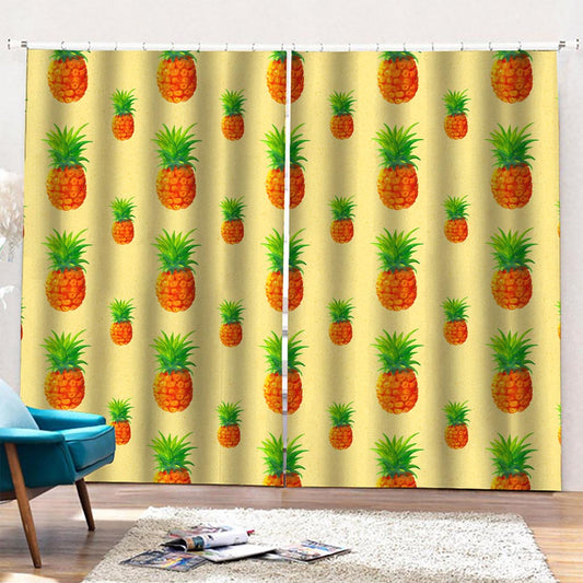 Beige Watercolor Pineapple Pattern Print Pencil Pleat Curtains