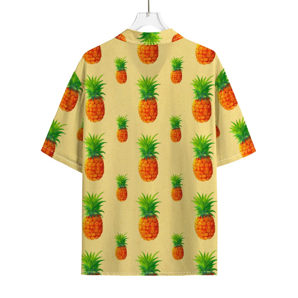 Beige Watercolor Pineapple Pattern Print Rayon Hawaiian Shirt