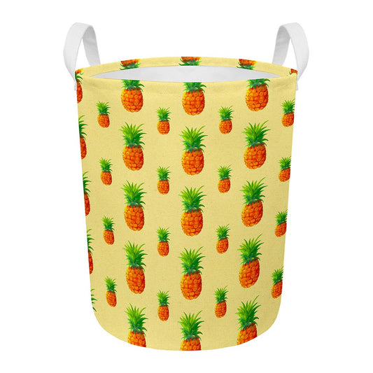 Beige Watercolor Pineapple Pattern Print Round Laundry Basket