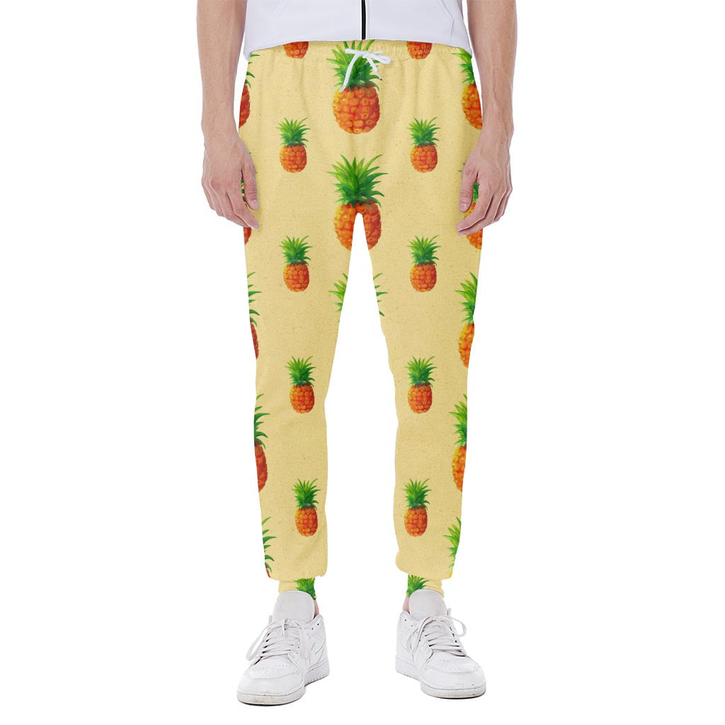 Beige Watercolor Pineapple Pattern Print Scuba Joggers