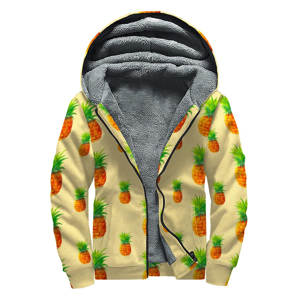 Beige Watercolor Pineapple Pattern Print Sherpa Lined Zip Up Hoodie