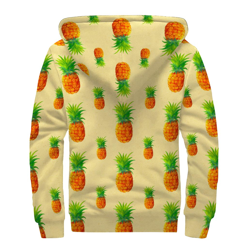 Beige Watercolor Pineapple Pattern Print Sherpa Lined Zip Up Hoodie