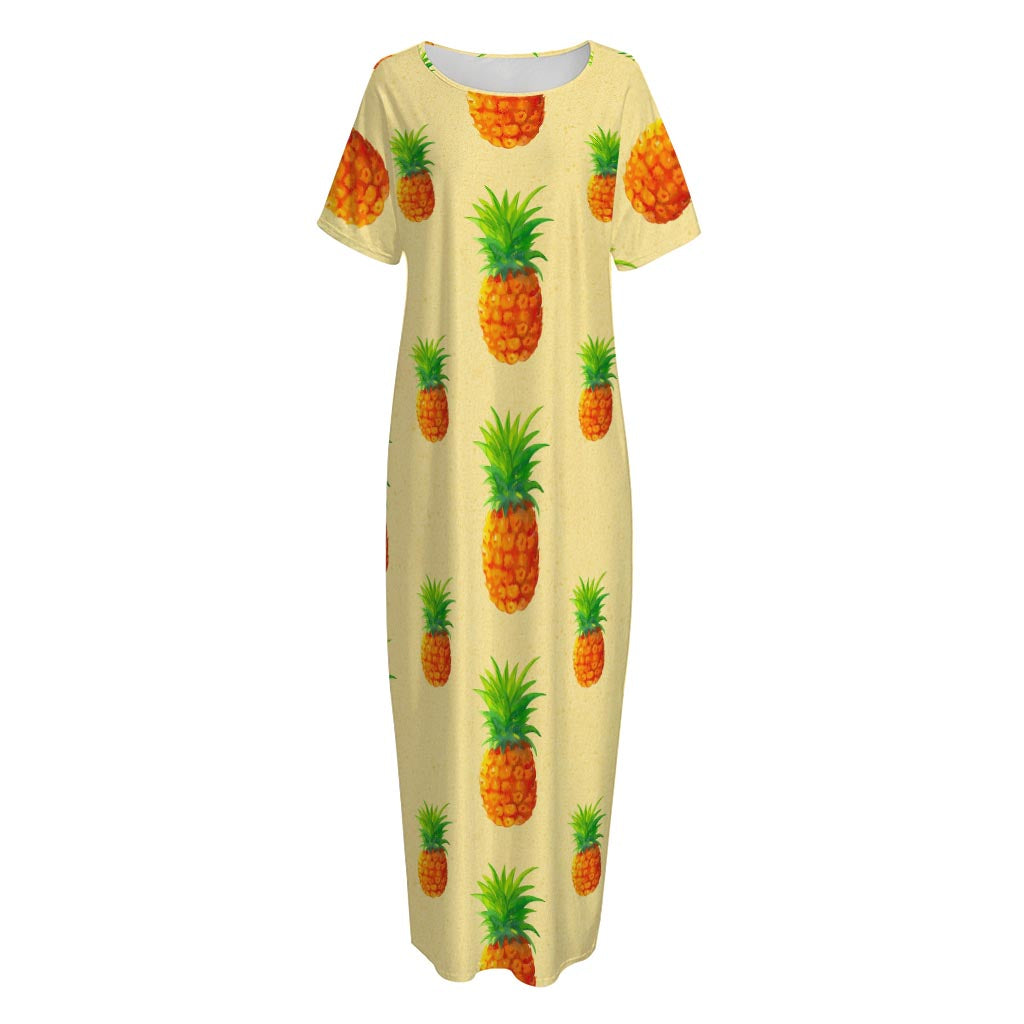 Beige Watercolor Pineapple Pattern Print Short Sleeve Long Nightdress