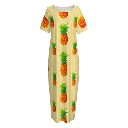 Beige Watercolor Pineapple Pattern Print Short Sleeve Long Nightdress