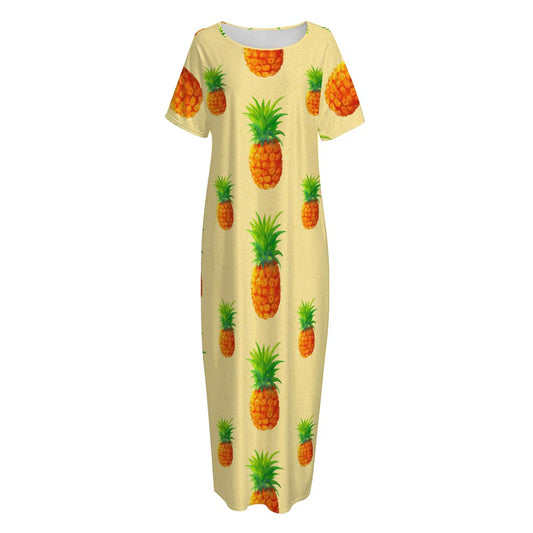 Beige Watercolor Pineapple Pattern Print Short Sleeve Long Nightdress