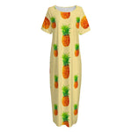 Beige Watercolor Pineapple Pattern Print Short Sleeve Long Nightdress