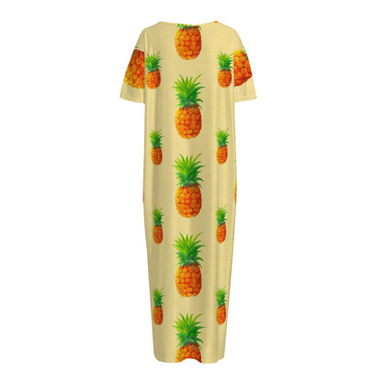 Beige Watercolor Pineapple Pattern Print Short Sleeve Long Nightdress