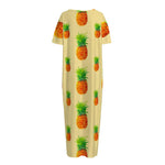Beige Watercolor Pineapple Pattern Print Short Sleeve Long Nightdress
