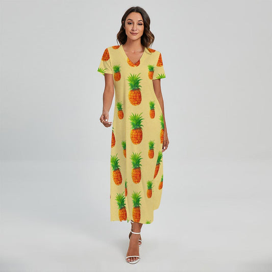 Beige Watercolor Pineapple Pattern Print Short Sleeve Maxi Dress