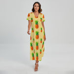 Beige Watercolor Pineapple Pattern Print Short Sleeve Maxi Dress