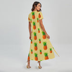 Beige Watercolor Pineapple Pattern Print Short Sleeve Maxi Dress