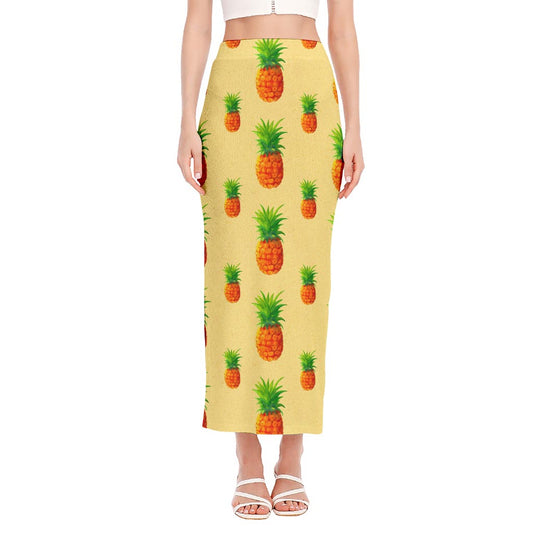 Beige Watercolor Pineapple Pattern Print Side Slit Maxi Skirt