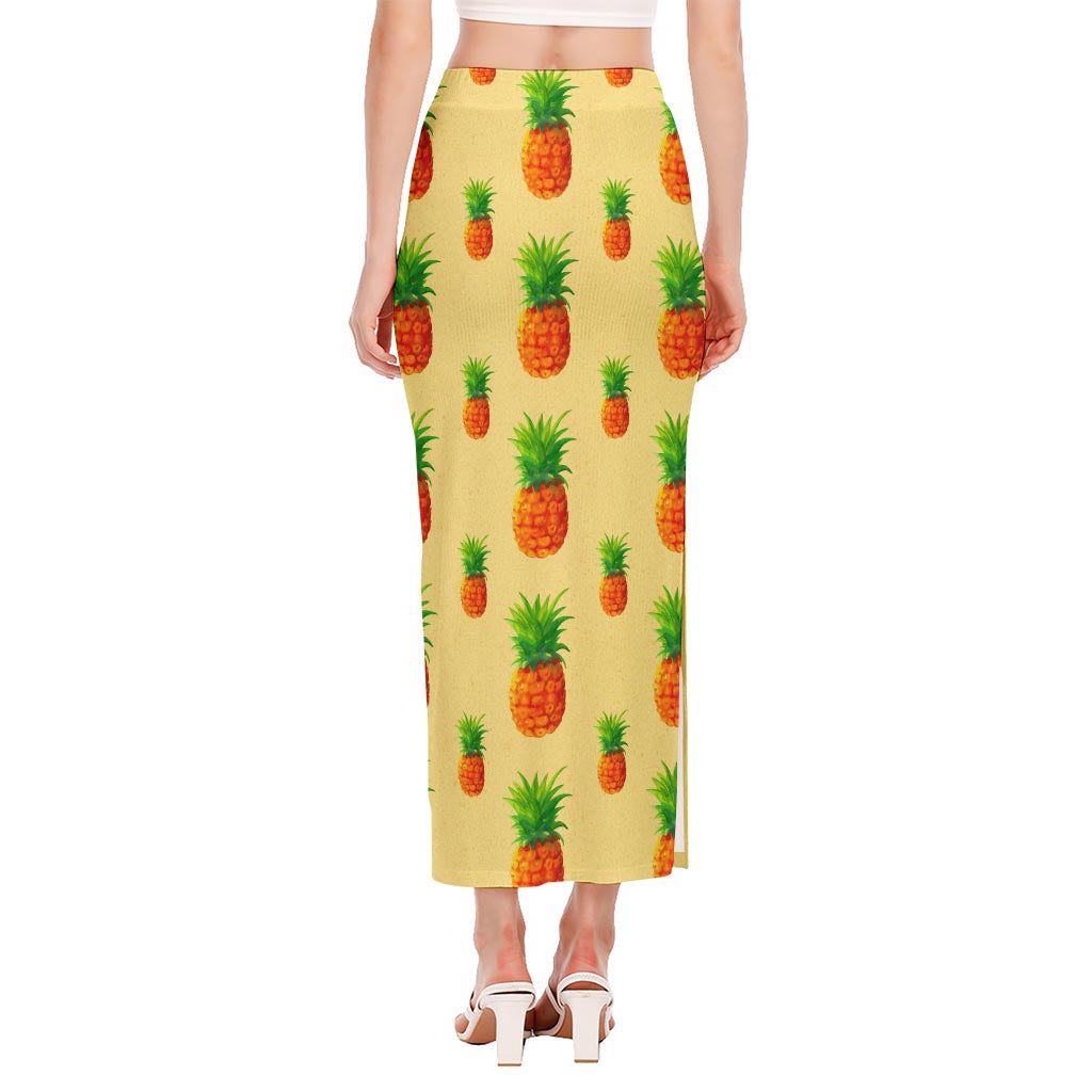 Beige Watercolor Pineapple Pattern Print Side Slit Maxi Skirt