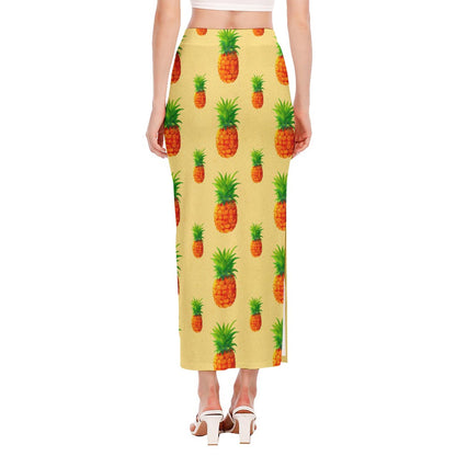 Beige Watercolor Pineapple Pattern Print Side Slit Maxi Skirt