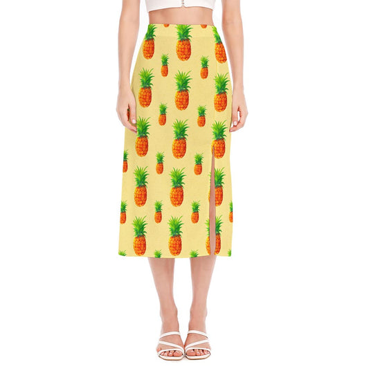 Beige Watercolor Pineapple Pattern Print Side Slit Midi Skirt