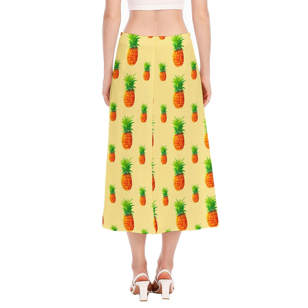 Beige Watercolor Pineapple Pattern Print Side Slit Midi Skirt