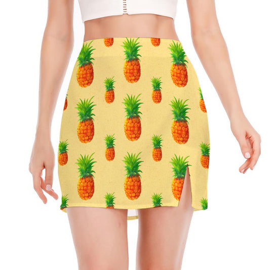 Beige Watercolor Pineapple Pattern Print Side Slit Mini Skirt