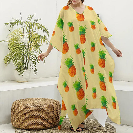 Beige Watercolor Pineapple Pattern Print Silk V-Neck Kaftan Dress