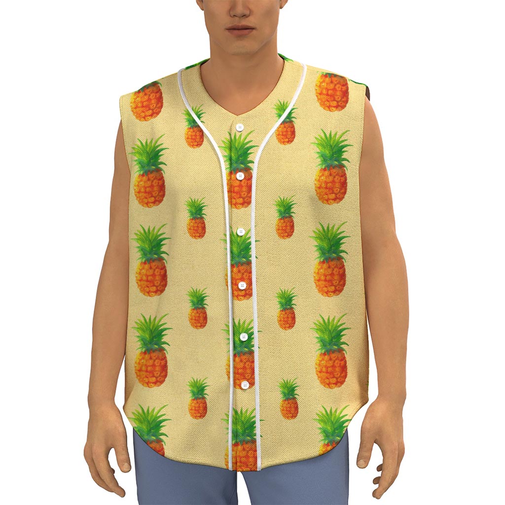 Beige Watercolor Pineapple Pattern Print Sleeveless Baseball Jersey