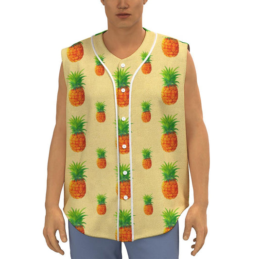 Beige Watercolor Pineapple Pattern Print Sleeveless Baseball Jersey