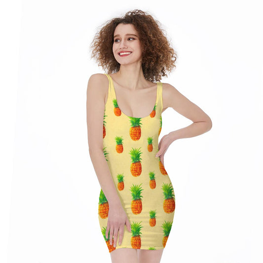 Beige Watercolor Pineapple Pattern Print Sleeveless Bodycon Dress