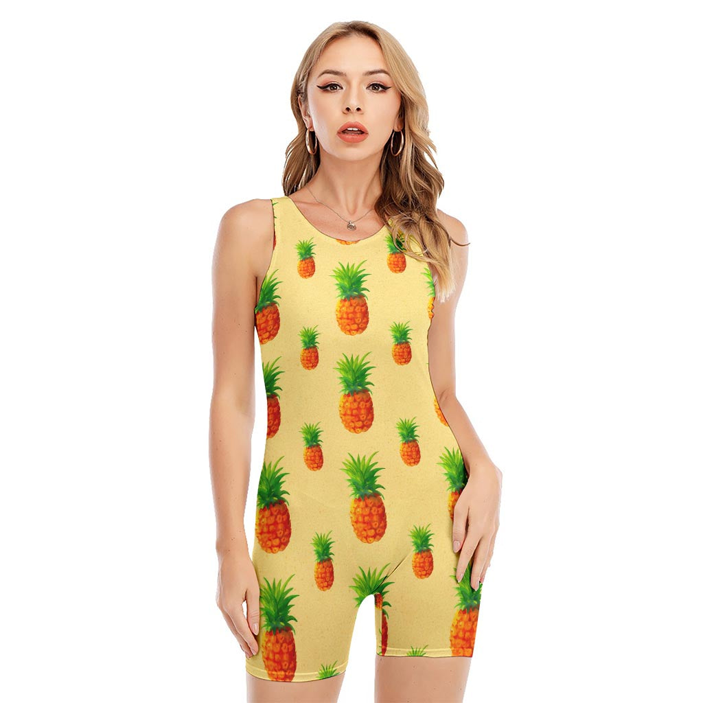 Beige Watercolor Pineapple Pattern Print Sleeveless One Piece Swimsuit