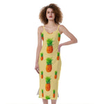 Beige Watercolor Pineapple Pattern Print Slim Fit Midi Cami Dress