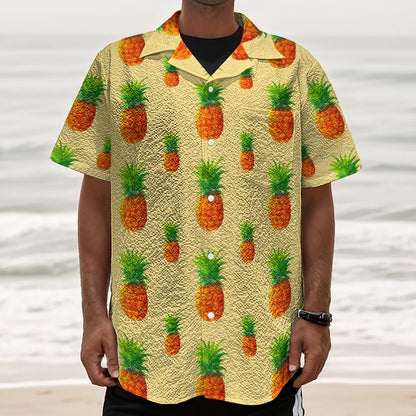 Beige Watercolor Pineapple Pattern Print Textured Short Sleeve Shirt