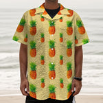 Beige Watercolor Pineapple Pattern Print Textured Short Sleeve Shirt