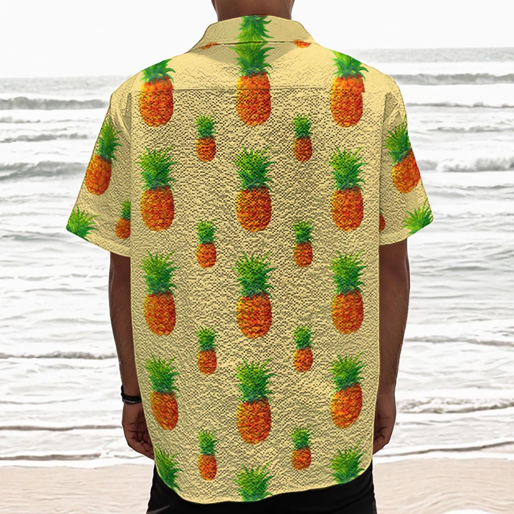 Beige Watercolor Pineapple Pattern Print Textured Short Sleeve Shirt
