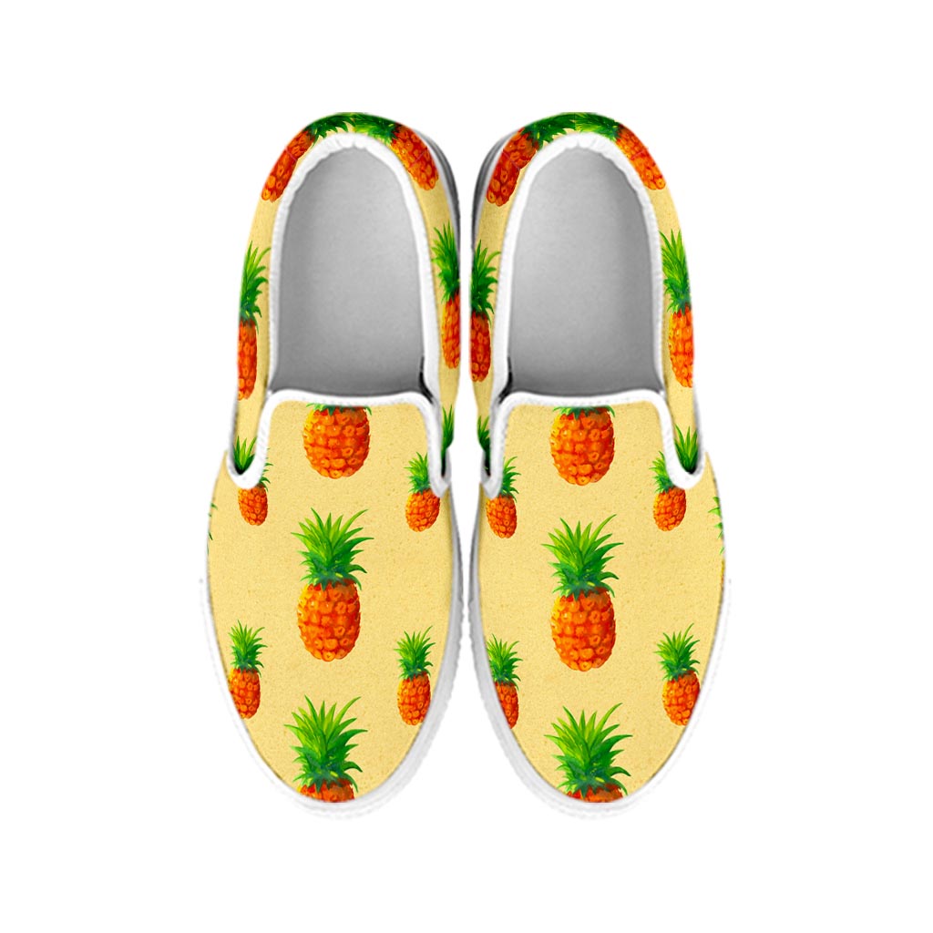 Beige Watercolor Pineapple Pattern Print White Slip On Sneakers