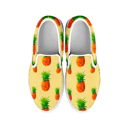 Beige Watercolor Pineapple Pattern Print White Slip On Sneakers