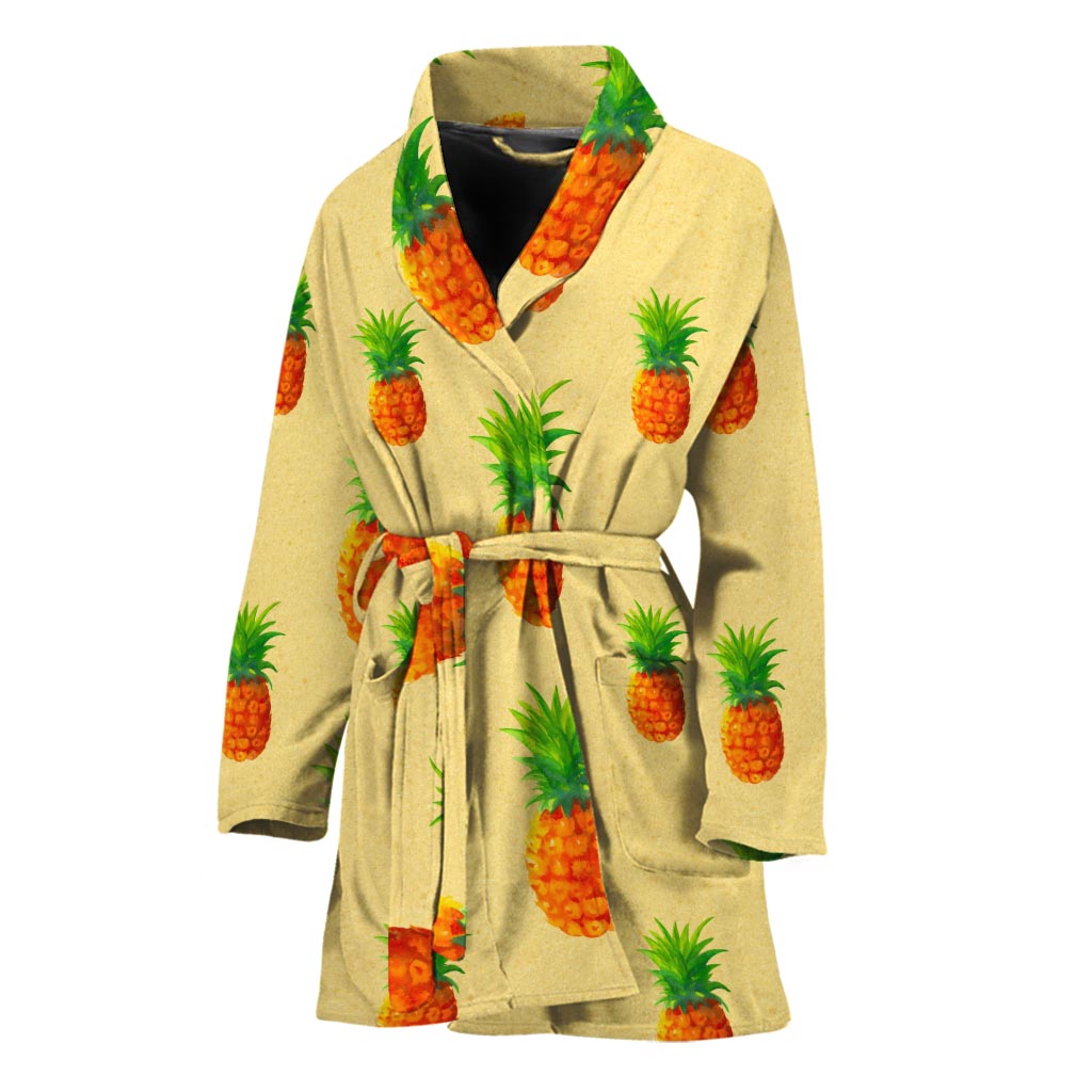 Beige Watercolor Pineapple Pattern Print Women's Bathrobe