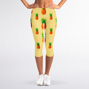 Beige Watercolor Pineapple Pattern Print Women's Capri Leggings