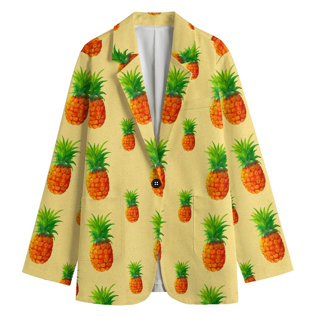 Beige Watercolor Pineapple Pattern Print Women's Cotton Blazer