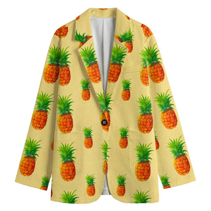 Beige Watercolor Pineapple Pattern Print Women's Cotton Blazer