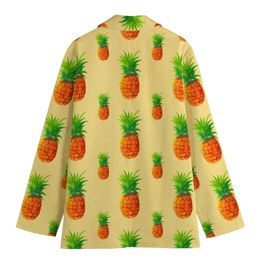 Beige Watercolor Pineapple Pattern Print Women's Cotton Blazer
