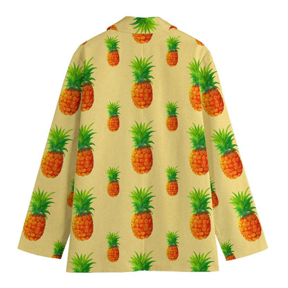 Beige Watercolor Pineapple Pattern Print Women's Cotton Blazer