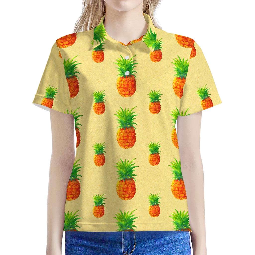 Beige Watercolor Pineapple Pattern Print Women's Polo Shirt