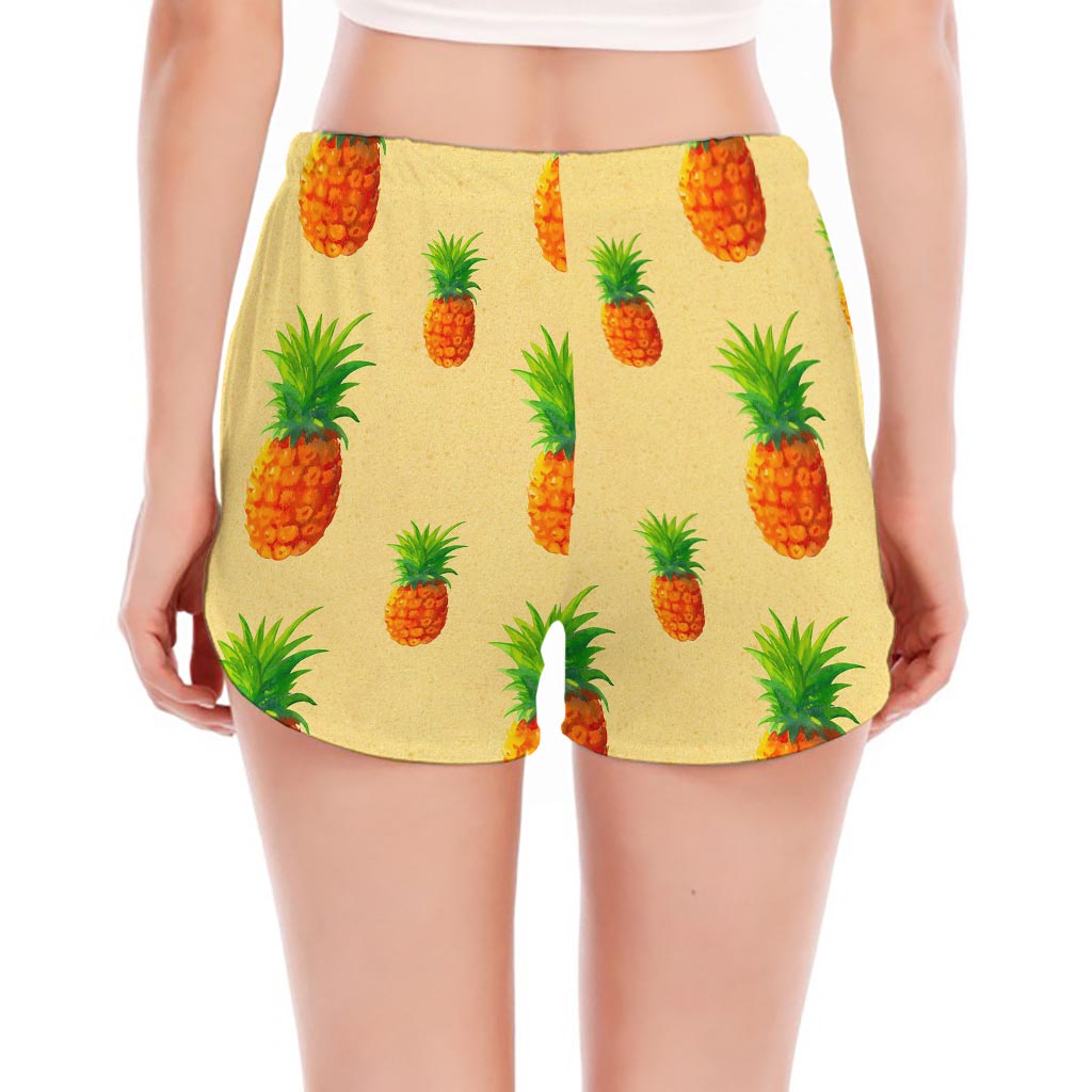 Beige Watercolor Pineapple Pattern Print Women's Split Running Shorts