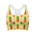 Beige Watercolor Pineapple Pattern Print Women's Sports Bra