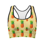 Beige Watercolor Pineapple Pattern Print Women's Sports Bra