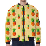 Beige Watercolor Pineapple Pattern Print Zip Sleeve Bomber Jacket