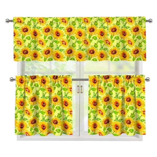 Beige Watercolor Sunflower Pattern Print 3 Piece Kitchen Curtains