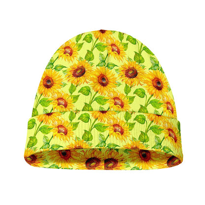 Beige Watercolor Sunflower Pattern Print Beanie