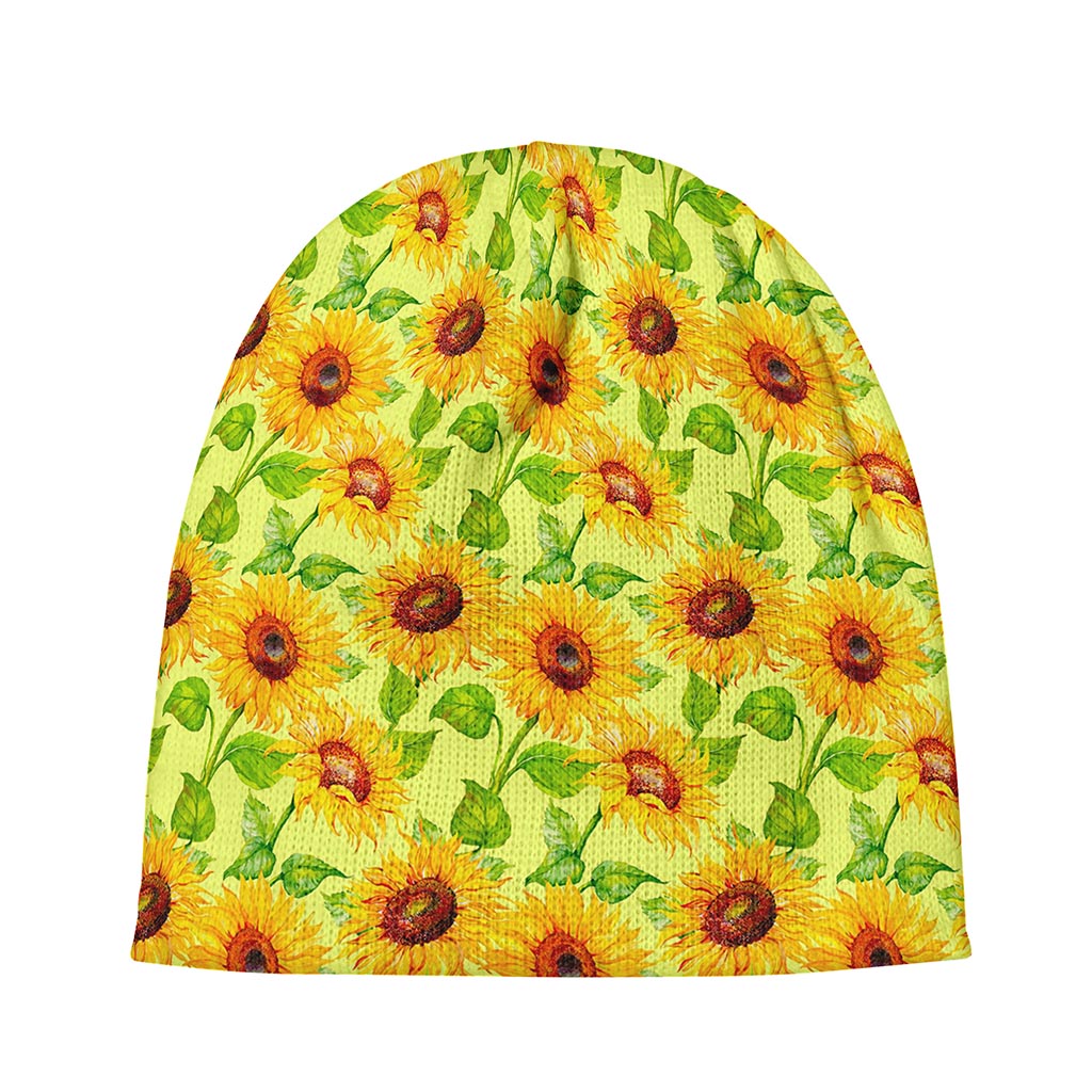 Beige Watercolor Sunflower Pattern Print Beanie