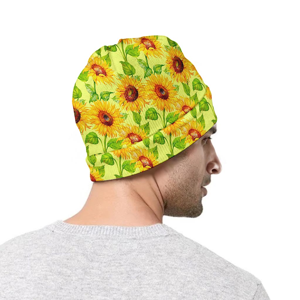 Beige Watercolor Sunflower Pattern Print Beanie