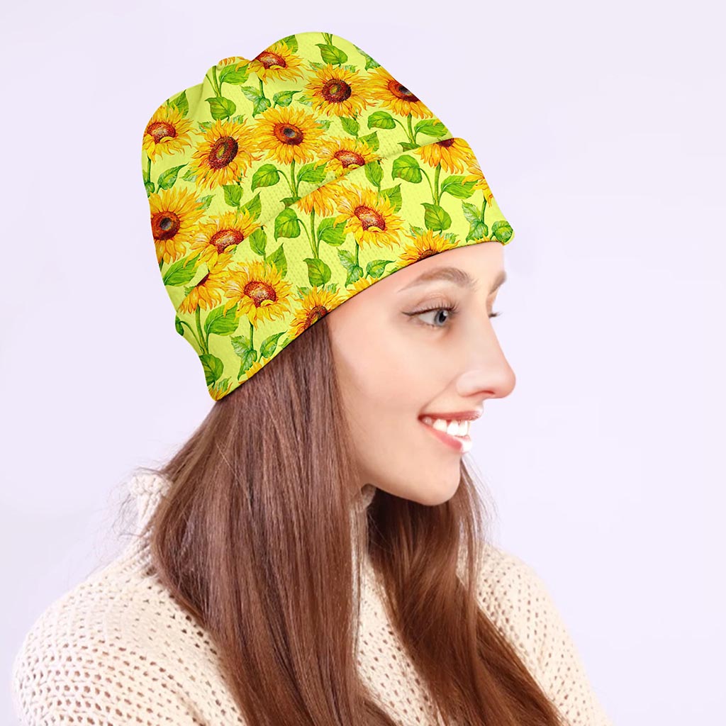 Beige Watercolor Sunflower Pattern Print Beanie