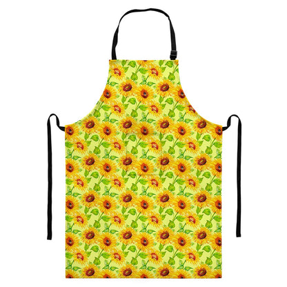 Beige Watercolor Sunflower Pattern Print Bib Apron With Pocket
