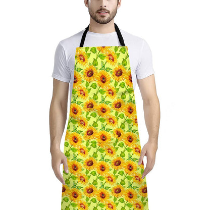 Beige Watercolor Sunflower Pattern Print Bib Apron With Pocket